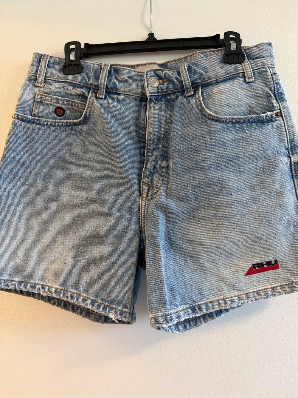 Zara Light Blue Denim Men's Shorts with Red Logo Accent